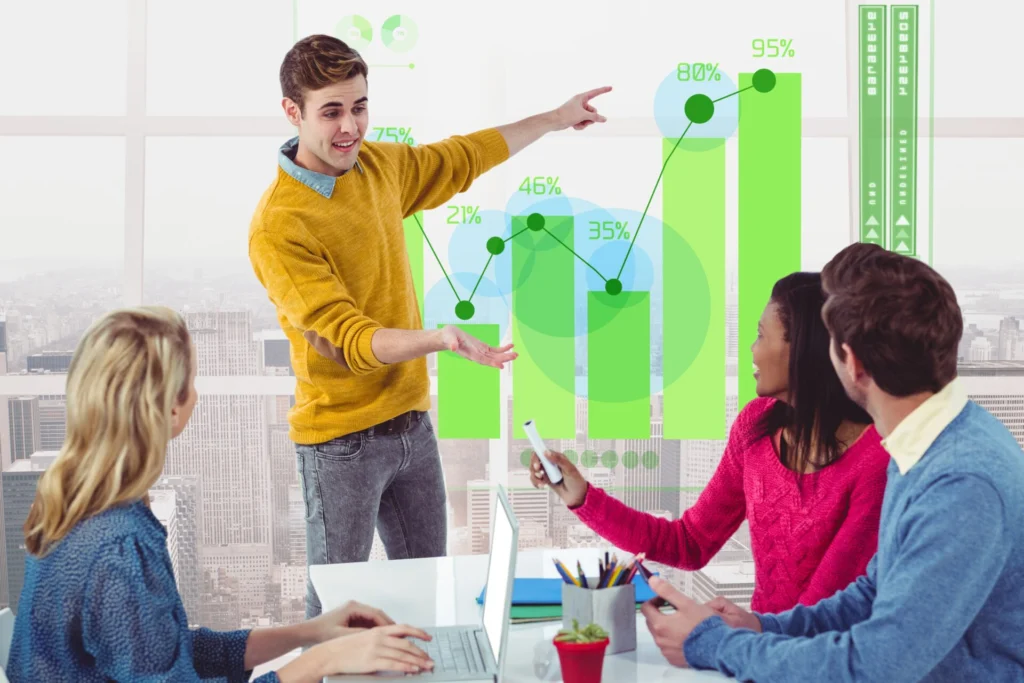 Team analyzing SEO performance and ROI growth with charts and increasing traffic metrics